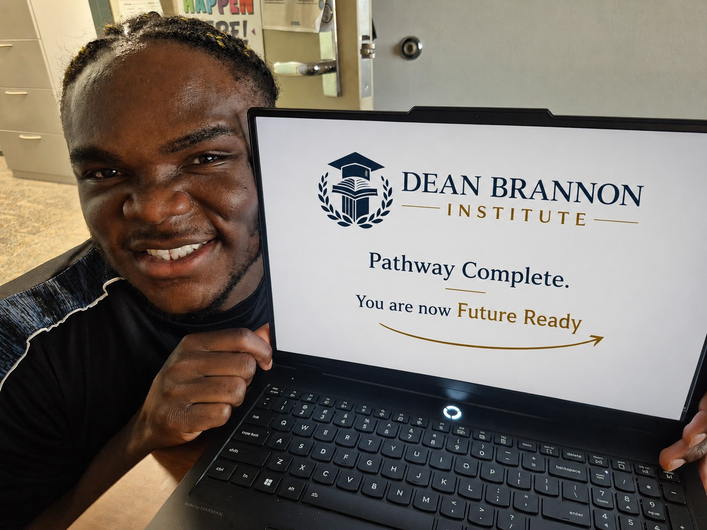 A Dean Brannon Institute student celebrating Pathway Complete, Future Ready